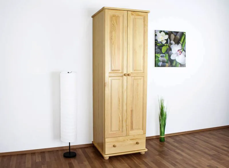 Kleiderschrank | 2 Drehtüren | 4 Fächer | 1 Schublade | mit Kleiderstange | 65 cm breit | Massivholz | Farbe: Natur Abbildung