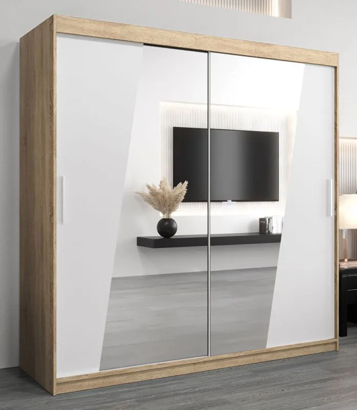 2 Meter breiter Kleiderschrank mit 2 Türen | Farbe: Sonoma Eiche / Weiß Abbildung