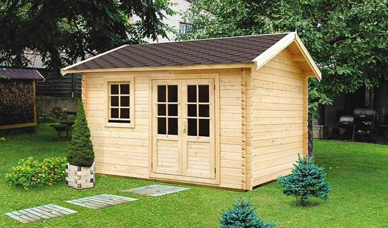 Holz-Gartenhaus 3,98 x 3,98 Meter (inkl. Dach) | Naturbelassen | Satteldach | 44 mm Blockbohlen-Haus Abbildung