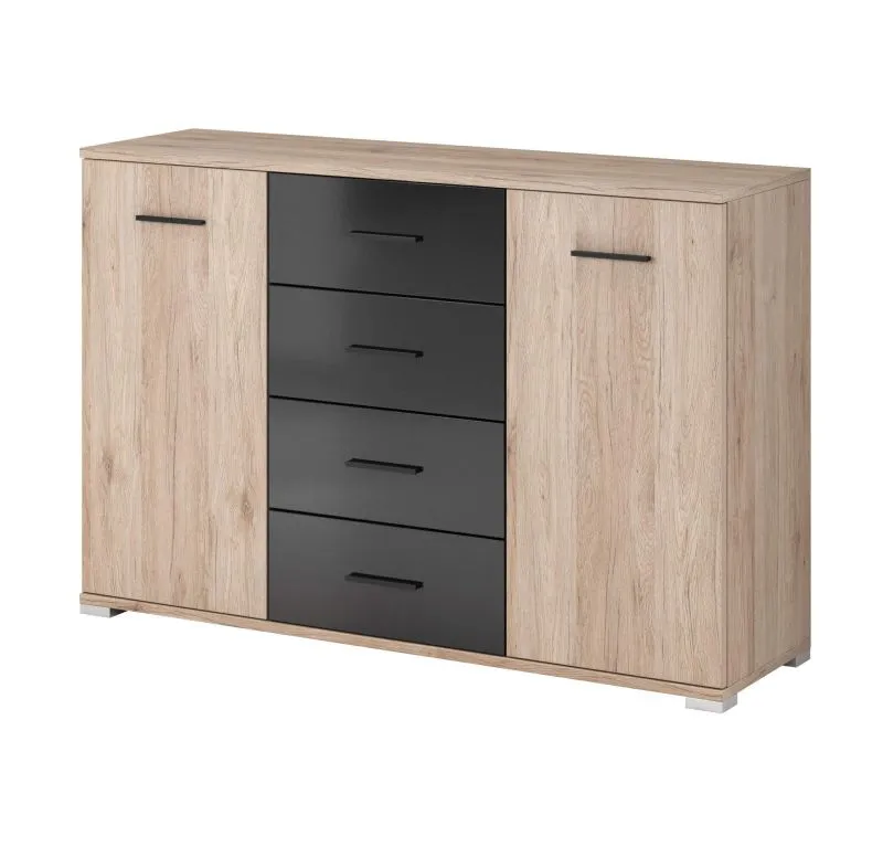 Kommode | Eiche / Schwarz Hochglanz | Troodos 03 | 93 x 135 x 42 cm | 2 Türen | 4 Schubladen | 6 Fächer | kratzfeste Platte | Drehtüren in Holzoptik