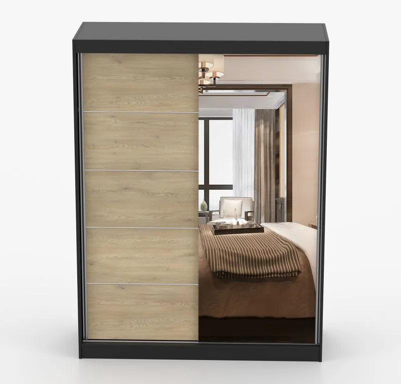 Kleiderschrank / Schiebetürenschrank | Bucegi 16 | Braun / Schwarz | mit Spiegel | 2 Türen | Griffe: Aluminium | 6 Fächer | 200 x 150 x 61 cm