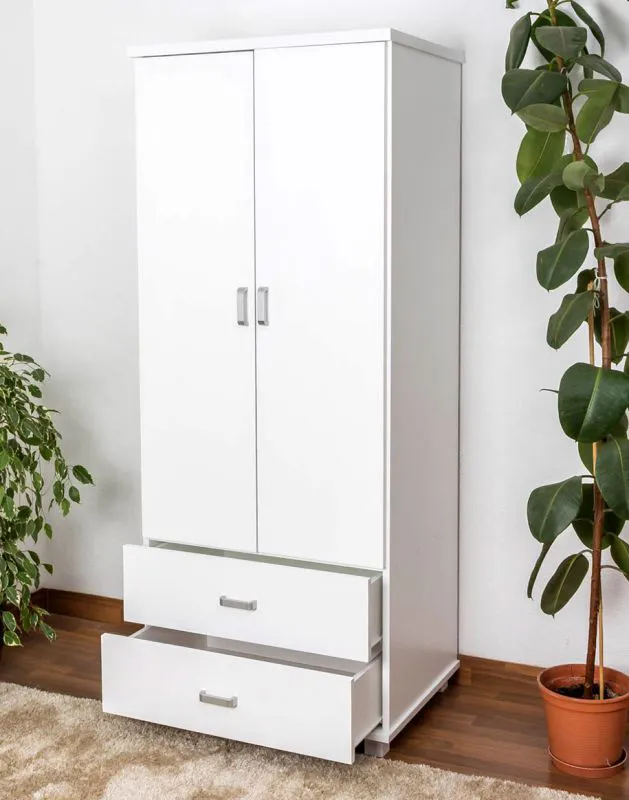 Kleiderschrank | 2 Drehtüren | 2 Schubladen | 1 Fach | mit Kleiderstange | 80 cm breit | Massivholz | Farbe: Weiß Abbildung