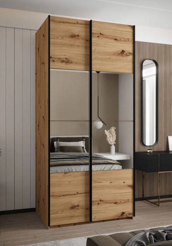 Kleiderschrank / Schiebetürenschrank | 245,5 x 120 x 64 cm | 2 Schiebetüren | 2 Kleiderstangen | Soft-Close | Spiegel | Farbe: Eiche Artisan | 6 Fächer