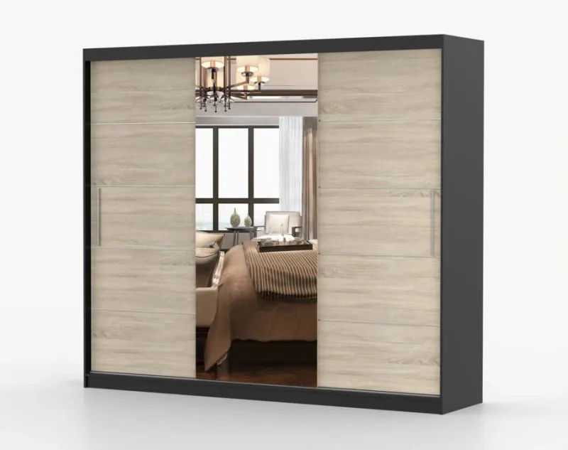 2,5 Meter breiter Kleiderschrank / Schiebetürenschrank mit Spiegel Schwarz / Eiche | Cevennen 14 | 218 x 250 x 61 cm | 3 Türen | 12 Fächer | Holzoptik