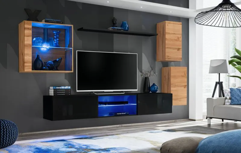 Stylische Wohnwand Volleberg 45, Farbe: Eiche Wotan / Schwarz - Abmessungen: 140 x 250 x 40 cm (H x B x T), mit LED-Beleuchtung