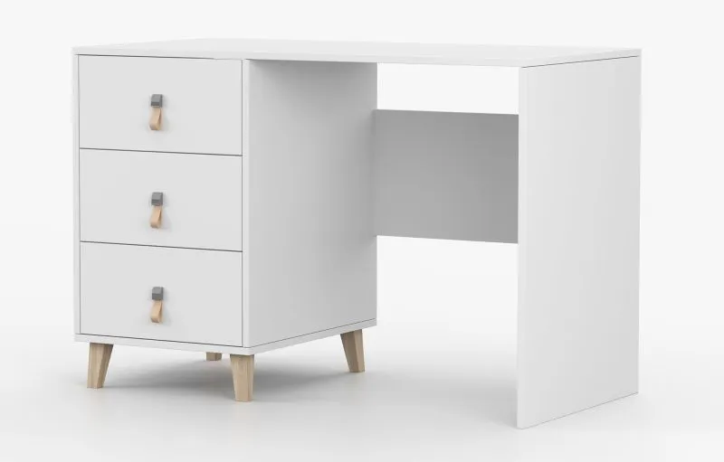 1,1 Meter breiter Schreibtisch | Weiß | Taygetos 04 | 75 x 110 x 55 cm | 3 Schubladen | 3 Fächer | Ledergriffe | Holzbeine 14 cm hoch | Einfarbig