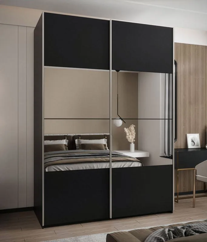 Kleiderschrank / Schiebetürenschrank | Spiegel | 11 Fächer | 245,5 x 170 x 64 cm | 2 Schiebetüren | Soft-Close | Farbe: Schwarz | 2 Kleiderstangen