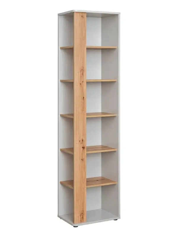 Schmales Bücherregal mit sechs Fächern Susort 05, Farbe: Eiche Artisan/Grau, 198 x 49 x 35 cm, 5 Holzeinlegeböden, matte Oberfläche, stabile Bauweise