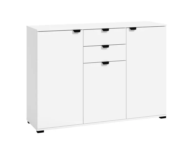 Helles Sideboard mit zwei Schubladen Pecini 04, Farbe: Weiß, drei Türen, acht Fächer, Griffe & Beine: Schwarz, ABS-Kanten, Maße: 95 x 135 x 40 cm