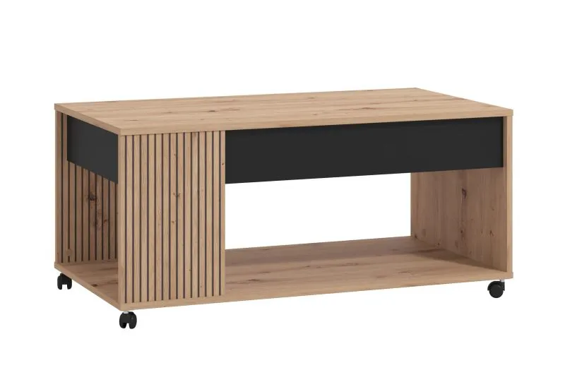 Couchtisch / Kaffeetisch mit einer Schublade Zvesdara 07, Farbe: Eiche Artisan / Schwarz, vier Rollen, stilvoll, Maße: 46 x 101 x 55 cm, für Wohnzimmer
