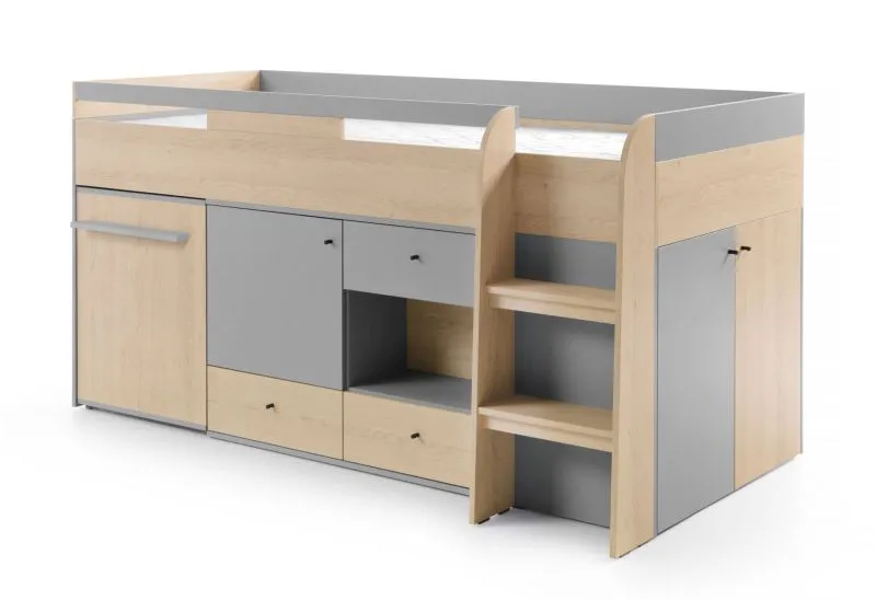 Funktionsbett in Eiche / Grau, Jugendbett mit ausziehbarem Schreibtisch, Kinderbett, Liegefläche 90 x 200 cm, ABS-Kanten, 5 Schubladen und 7 Fächer, stabile Leiter