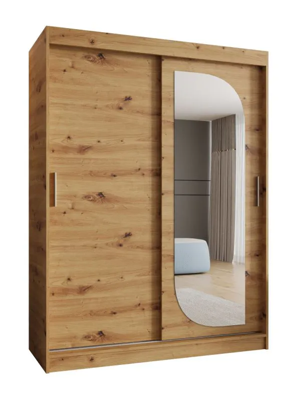 Schiebetürenschrank mit einer Spiegeltür Signalkuppe 09, Farbe: Eiche Artisan, 1,5 Meter breit, fünf Fächer, zwei Kleiderstangen, für Schlafzimmer