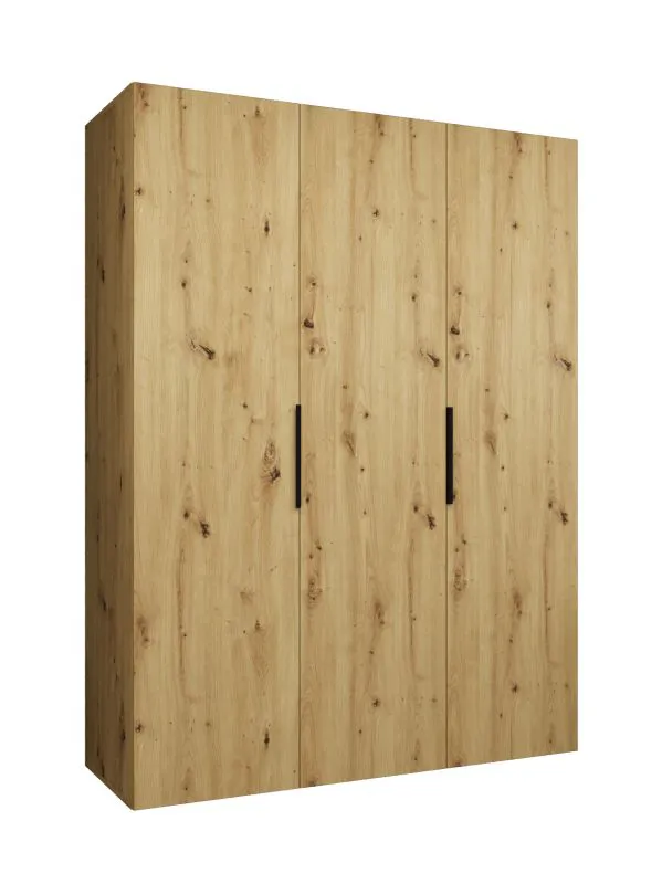 Drehtürenschrank mit drei Türen Korab 12, Farbe: Eiche Artisan, zwei Kleiderstangen, 1,5 Meter breit, Griffe: Schwarz, Soft-Close-Funktion, zwei Fächer