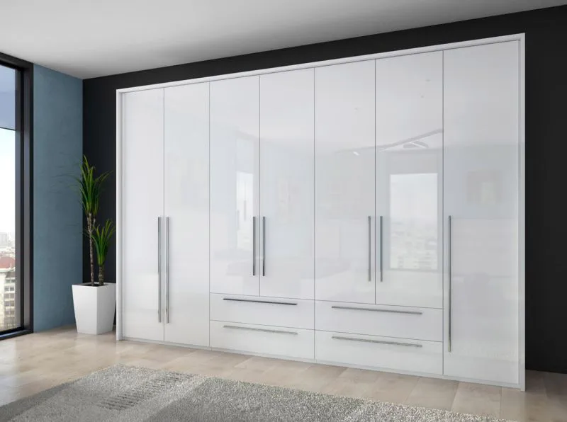 Großer Kleiderschrank | 7 Drehtüren | 4 Schubladen | 8 Fächer | mit 4 Kleiderstangen | 322 cm breit | Farbe: Weiß Abbildung