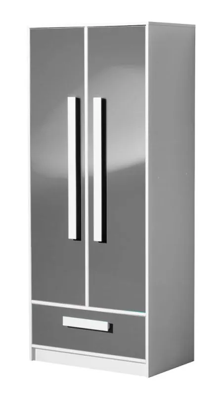 Kinderzimmer - Drehtürenschrank / Kleiderschrank Walter 01, Farbe: Weiß / Grau Hochglanz - 191 x 80 x 50 cm (H x B x T)