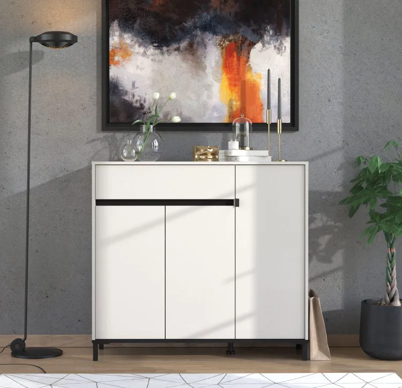 Schuhschrank | 3 Drehtüren | Farbe: Kaschmir | ABS-Kanten | 1 Schublade | 8 Fächer | Maße: 118,5 x 40 x 109,5 cm | für den Eingangsbereich