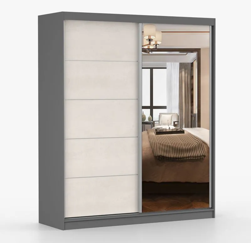 Schiebetürenschrank 1,8 Meter breit / Kleiderschrank | Cuillin 07 | Seide / Grau | mit Spiegel | 6 Fächer | 2 Türen | 218 x 183 x 61 cm | viel Platz