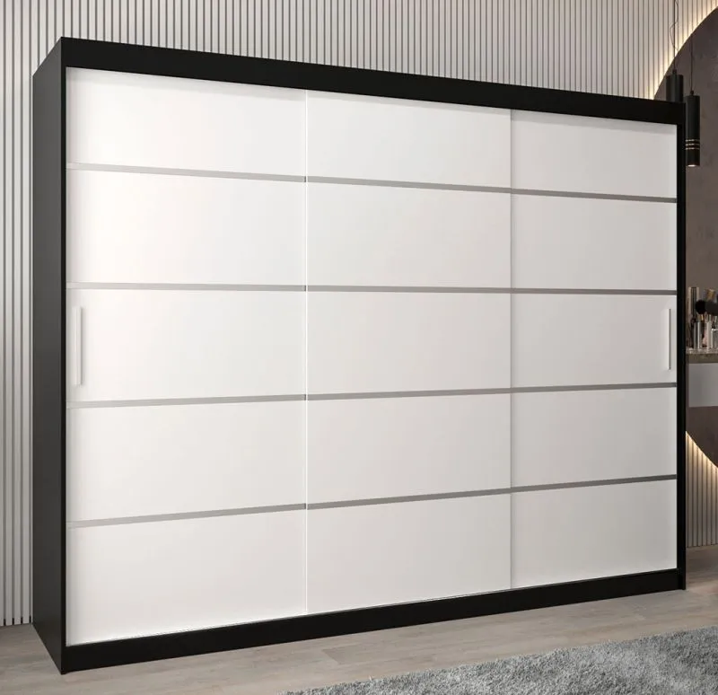 Großer 250 cm breiter Kleiderschrank mit 10 Fächern und 3 Türen | Farbe: Schwarz Abbildung