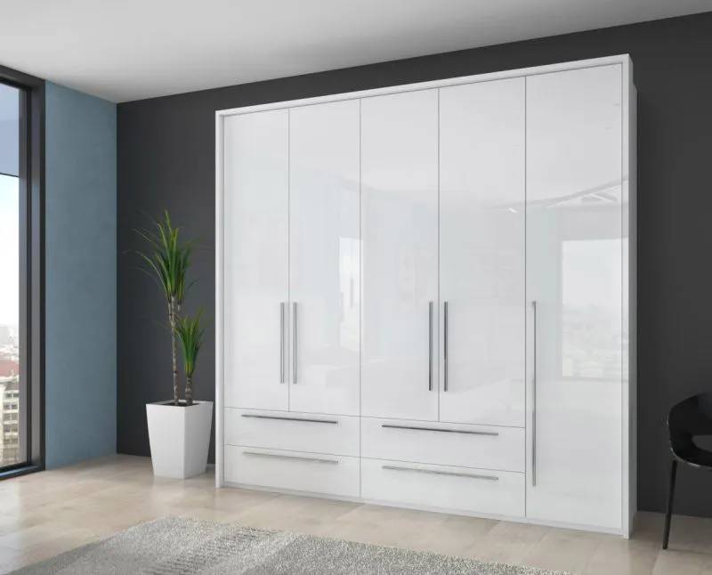 Kleiderschrank | 5 Drehtüren | 4 Schubladen | 5 Fächer | mit 3 Kleiderstangen | 232 cm breit | Farbe: Weiß Abbildung