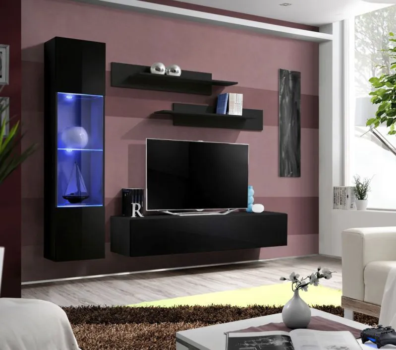 Hängende Wohnwand Hompland 72, Farbe: Schwarz - Abmessungen: 170 x 210 x 40 cm (H x B x T), mit blauer LED-Beleuchtung