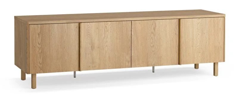 Kommode | Farbe: Eiche | 2 Falttüren | 2 Schubladen | 4 Fächer | integrierte LED-Beleuchtung | abgerundete Ränder | 183 x 45 x 56 cm | Soft-Close Funktion
