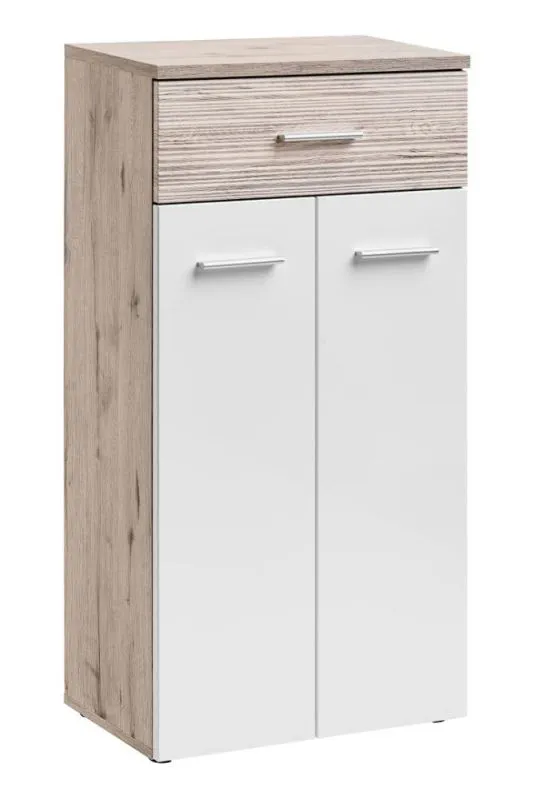 Garderoben Kommode Sviland 17, Farbe: Eiche Wellington / Weiß - Abmessungen: 114 x 60 x 35 cm (H x B x T), mit drei Fächern