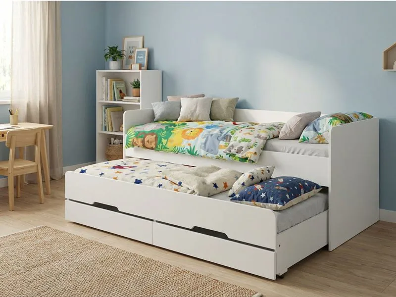 ausziehbares Kinderbett / Jugendbett | Weiß | Liegefläche: 90 x 200 cm | 2 Schubladen | 203,2 x 94,2 x 82,5 cm | grifflose Front | Heraklion 01