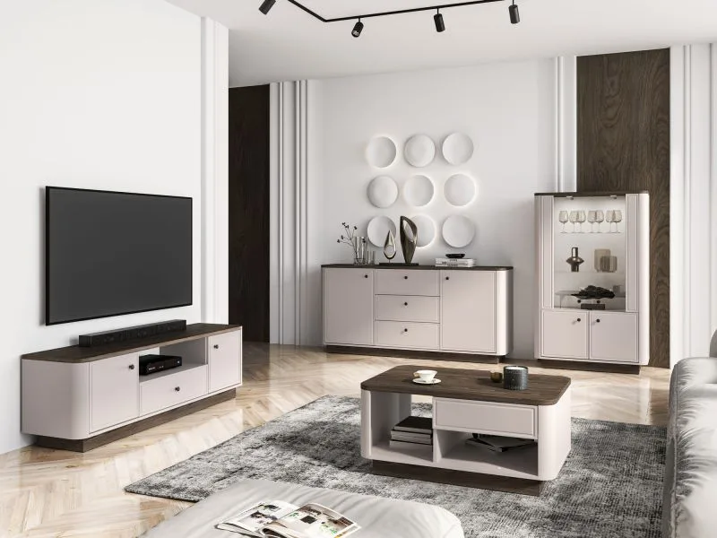 Wohnzimmer Komplett Set | 5-teilig | Farbe: Kaschmir / Eiche Windmill dunkel | Soft-Close-Funktion | 1 Vitrine | 1 Couchtisch | 1 TV-Unterschrank | 1 Sideboard | inkl. LED-Beleuchtung