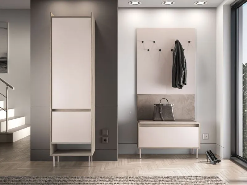 Garderobe Komplett Set | Farbe: Eiche Cremona / Kaschmir | ABS-Kanten | inkl. Samtpolster | Garderobenschrank | Schuhschrank | Garderobe mit acht Haken