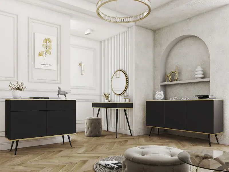 Wohnzimmer - Set E Horsham, 3-teilig, Farbe: Schwarz, Push-to-open Funktion, eine schmale Kommode, ein Sideboard, ein Schminktisch, ABS-Kanten, Beine: Schwarz