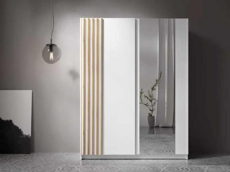 Schiebetürenschrank | Spiegel | Farbe: Weiß | Eiche Artisan Deko-Lamellen | Kleiderschrank | Maße: 150,5 x 62 x 198,5 cm | 1 Kleiderstange | 5 Fächer
