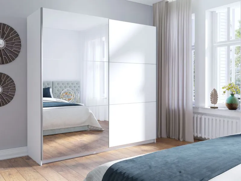 Spiegeltürenschrank Lamia, 6 Fächer, 1 Kleiderstange, für Schlafzimmer, Kleiderschrank mit Spiegeltür, 2 Schiebetüren, 2 Meter breit, Weiß segmentiert