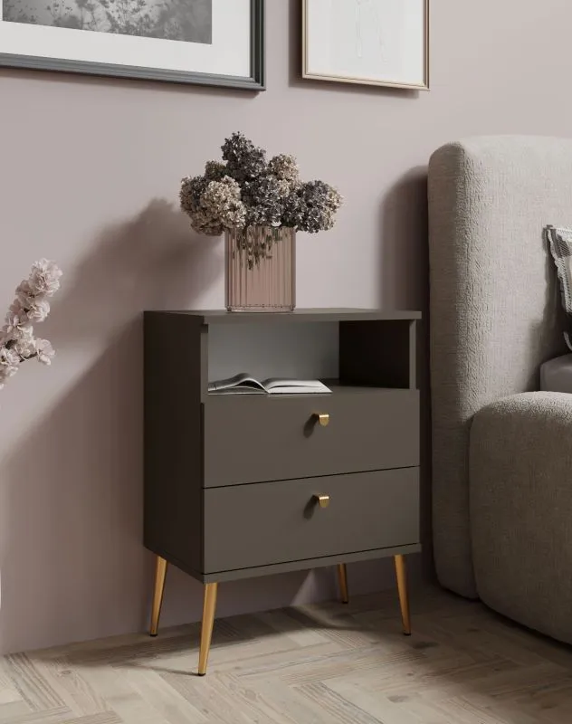 Nachtkommode | 2 Schubladen | Farbe: Braun | Griffe & Beine: Gold | 1 offenes Fach | ABS-Kantenschutz | Maße: 50 x 34 x 69,5 cm | neutrales Design