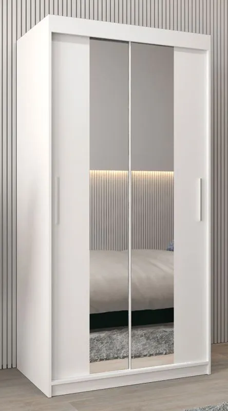 Schiebetürenschrank / Kleiderschrank Bisaurin 1B mit Spiegel, Farbe: Weiß matt - Abmessungen: 200 x 100 x 62 cm ( H x B x T)