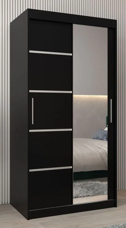 Schiebetürenschrank / Kleiderschrank Jan 01B mit Spiegel, Farbe: Schwarz - Abmessungen: 200 x 100 x 62 cm ( H x B x T)