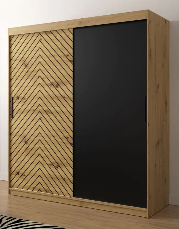 Kleiderschrank mit stylischen Design Mulhacen 19, Farbe: Eiche Artisan / Schwarz matt - Abmessungen: 200 x 180 x 62 cm (H x B x T), mit 10 Fächern und zwei Kleiderstangen