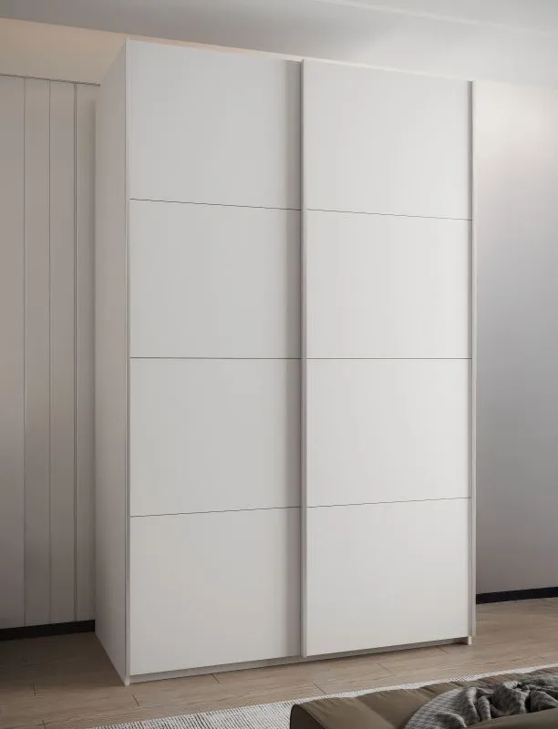 Kleiderschrank / Schiebetürenschrank | 6 Einlegeböden | 245,5 x 150 x 64 cm | 6 Fächer | 2 Kleiderstangen | 2 Schiebetüren | Soft-Close | Farbe: Weiß