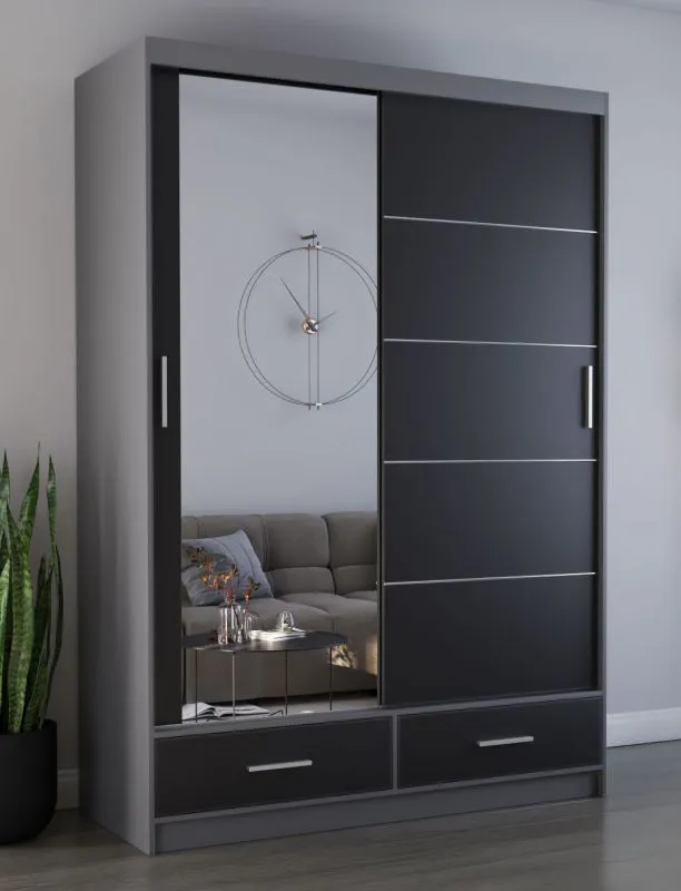 Kleiderschrank / Schiebetürenschrank 1,5 Meter breit | Lusatian 12 | Schwarz / Grau | mit Spiegel | 6 Fächer | 2 Schubladen | 2 Türen | 218 x 150 x 61