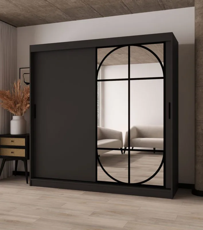 Kleiderschrank | Schwarz Matt | Spiegeltür | Moderne Details | 200 x 62 x 200 cm | Schiebetürenschrank | 10 Fächer | 2 Kleiderstangen | hochwertig Verarbeitet