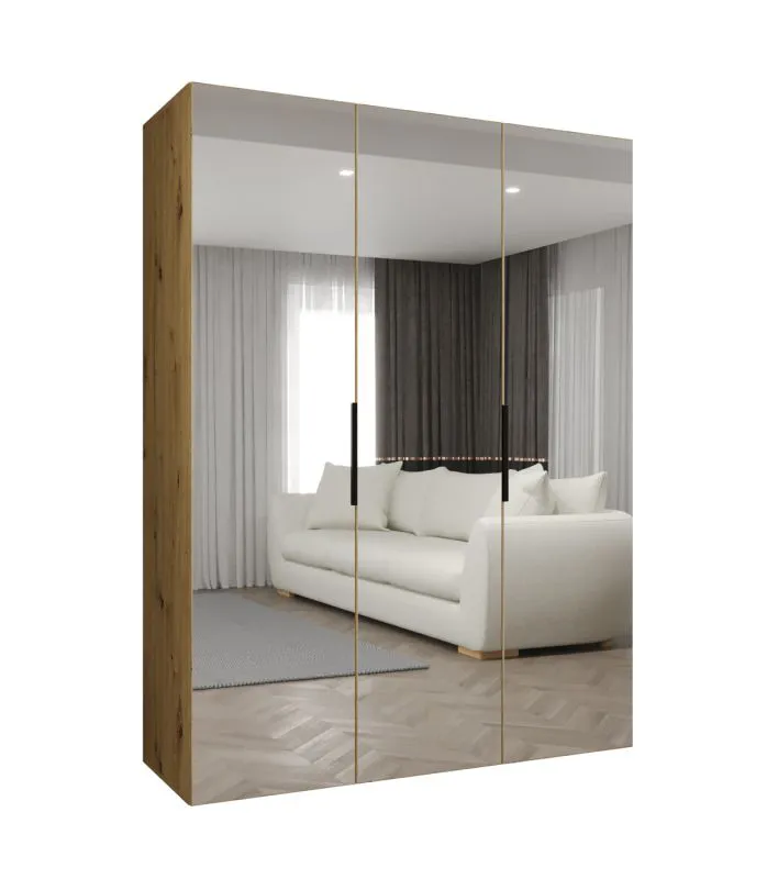 Kleiderschrank / Drehtürenschrank mit drei Spiegeltüren Korab 122, Farbe: Eiche Artisan, 1,5 Meter breit, zwei Kleiderstangen, Soft-Close, Griffe: Schwarz
