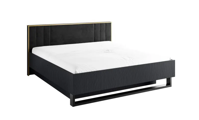 Doppelbett / Jugendbett Amfipoli 13, mit einen Lattenrost mit Hebemechanismus, Farbe: Schwarz mit Holzstruktur, gepolstertes Kopfteil, Liegefläche: 160 x 200 cm