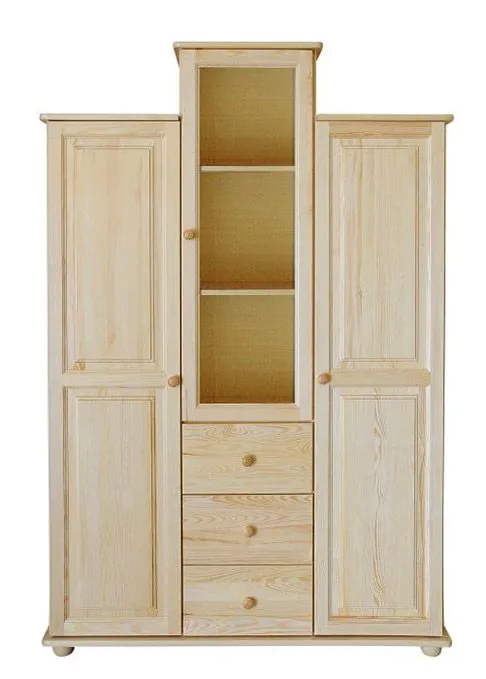 135 cm breiter Kleiderschrank mit 3 Türen, 7 Fächern und 3 Schubladen aus Massiv-Holz | Farbe: Natur | Tiefe: 44 cm Abbildung