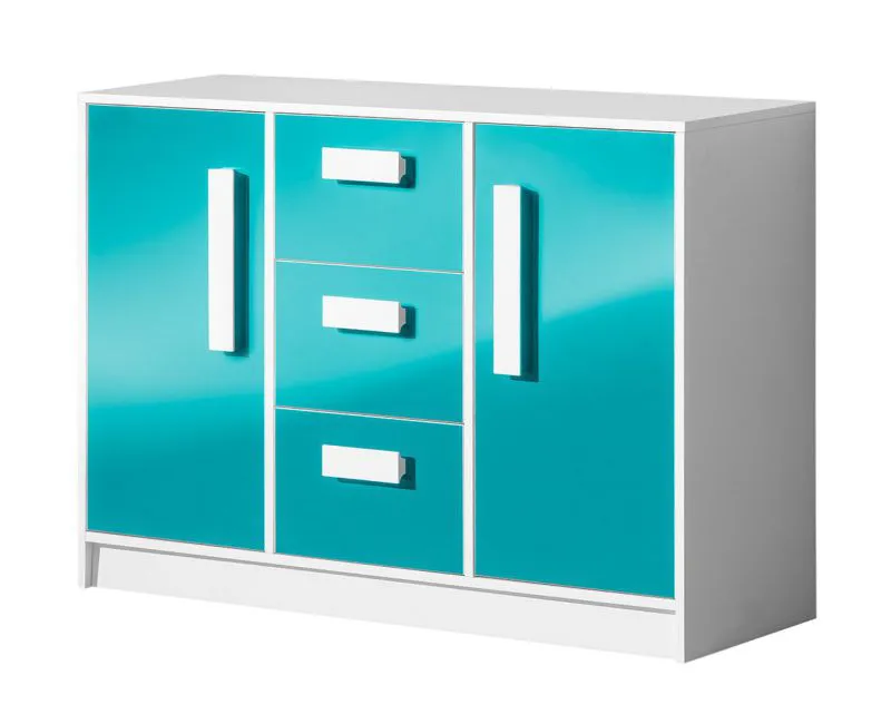 Kinderzimmer - Kommode Walter 06, Farbe: Weiß / Blau Hochglanz - 85 x 120 x 40 cm (H x B x T)