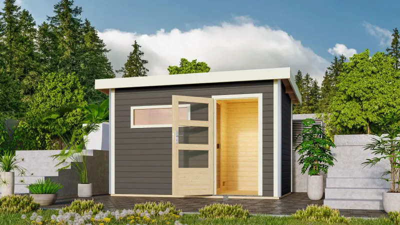 Saunahaus "Linnea 1" SET mit Ofen 9 kW, moderner Tür & Fenster, Farbe: Terragrau, mit  - 336 x 196 cm (B x T), Grundfläche: 6 m²