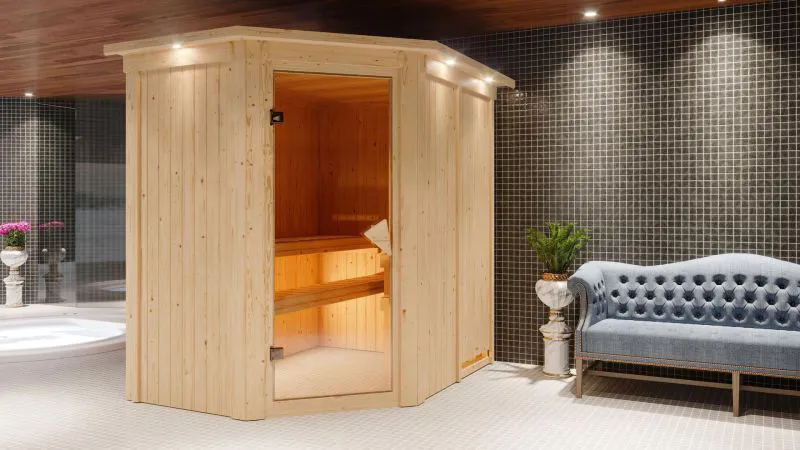 Sauna "Mika" mit Kranz - Farbe: Natur - 165 x 210 x 202 cm (B x T x H)