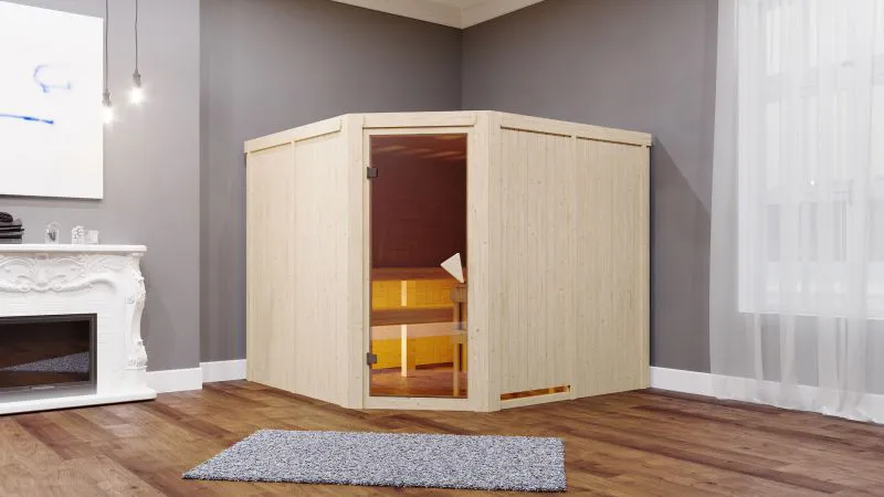 Sauna "Samu" SET mit Ofen externe Steuerung easy 9 kW Edelstahl - 231 x 196 x 198 cm (B x T x H)