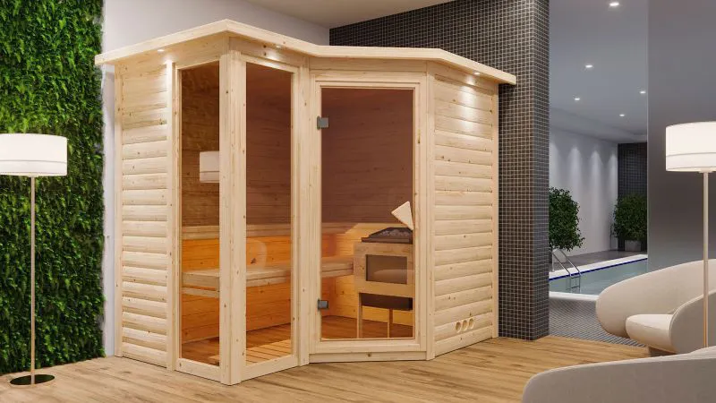 Sauna "Solveig" mit bronzierter Tür und Kranz - Farbe: Natur - 264 x 198 x 212 cm (B x T x H)