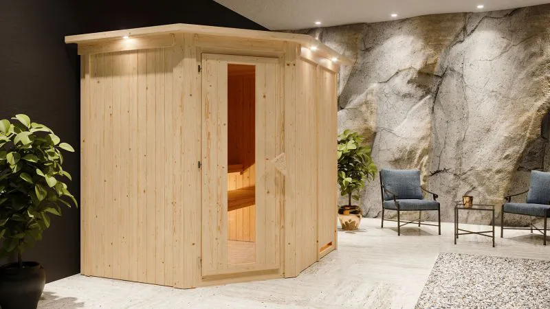 Sauna "Hanko" mit Kranz und Energiespartür - Farbe: Natur - 210 x 184 x 202 cm (B x T x H)