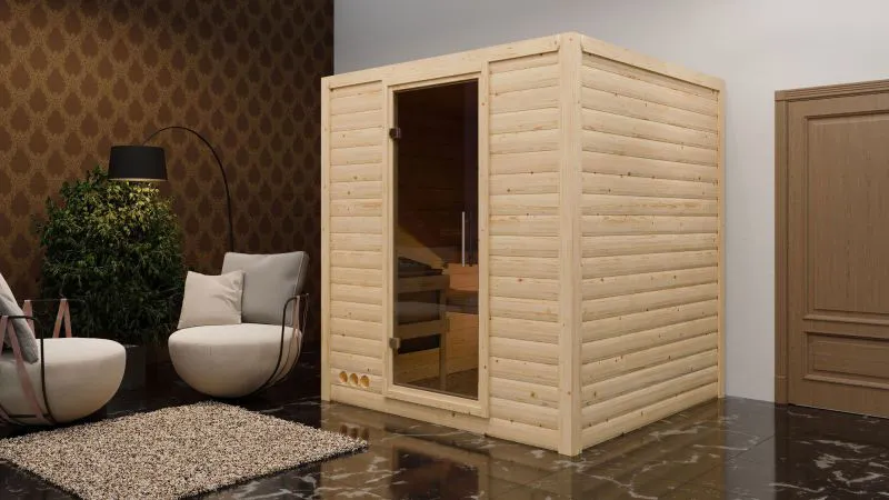 Sauna "Jonna" SET mit graphitfarbener Tür - Farbe: Natur, Ofen BIO 9 kW - 196 x 196 x 200 cm (B x T x H)