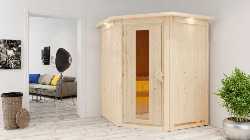 Sauna "Eetu" SET mit Energiespartür und Kranz - Farbe: Natur, Ofen 9 kW - 165 x 165 x 202 cm (B x T x H)